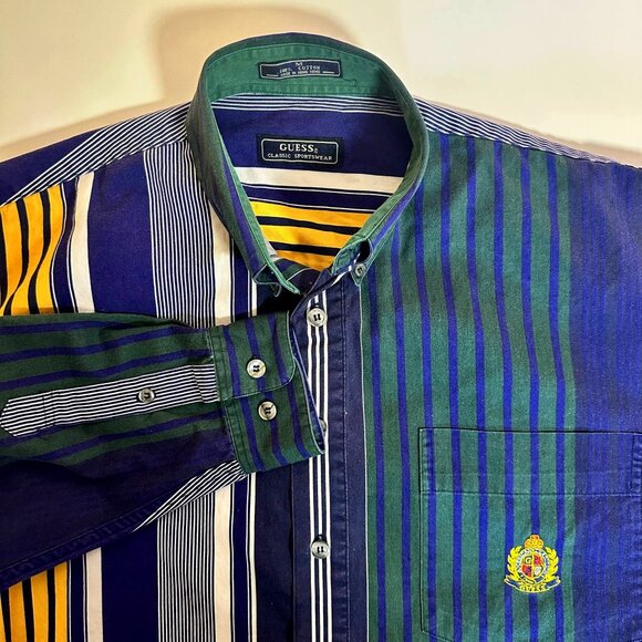 Vintage 90's Guess Long Sleeve Button-Down Green/Blue/White Striped M - Picture 1 of 5